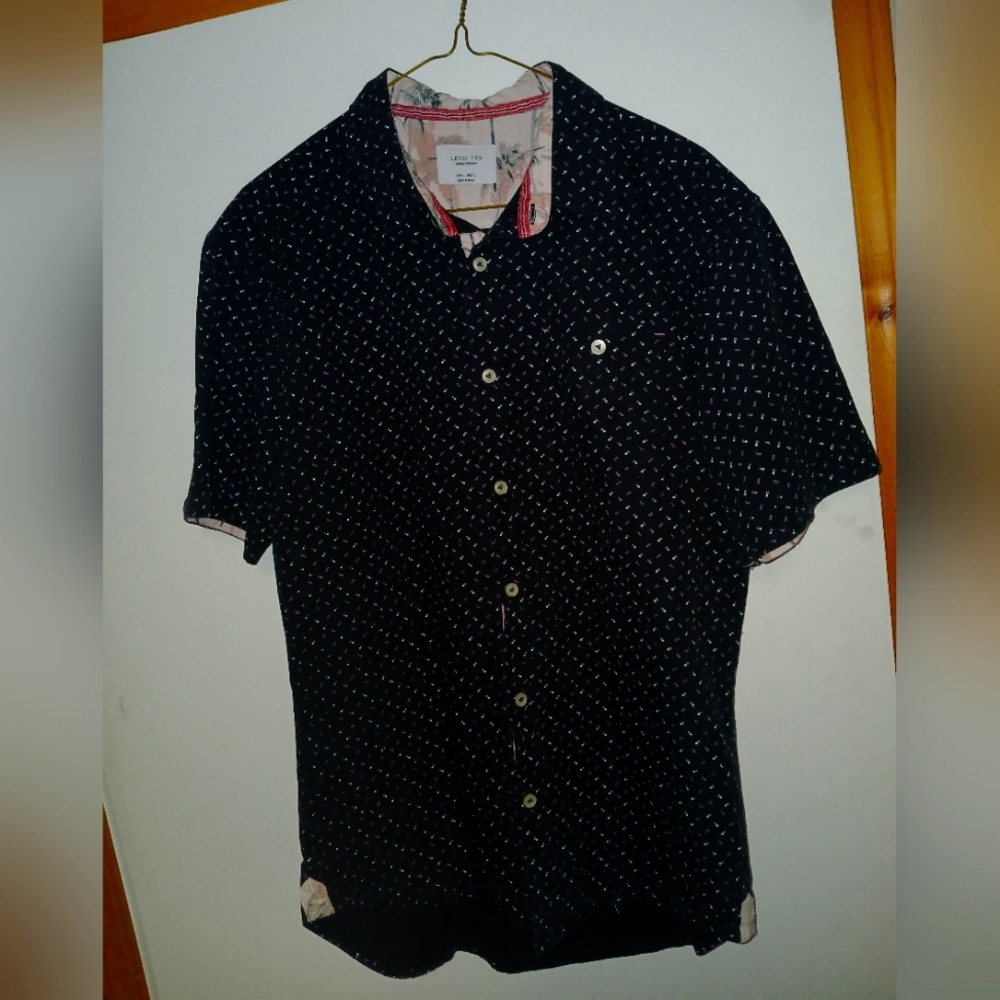 Navy blue patterned button up shortsleeve